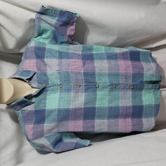 Keren Hart. Teal/Blue/Purple/Pink Plaid; Button up; Short Sleeve Top Size XL EUC - Picture 1 of 15